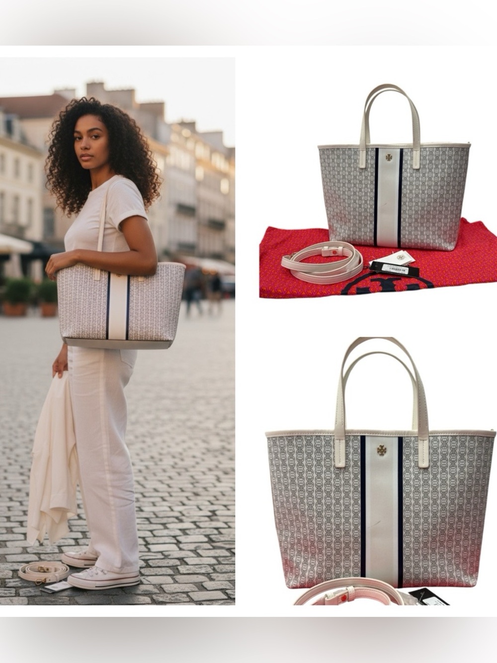 Tory Burch Cream and Navy Stripe Coated Canvas Tote